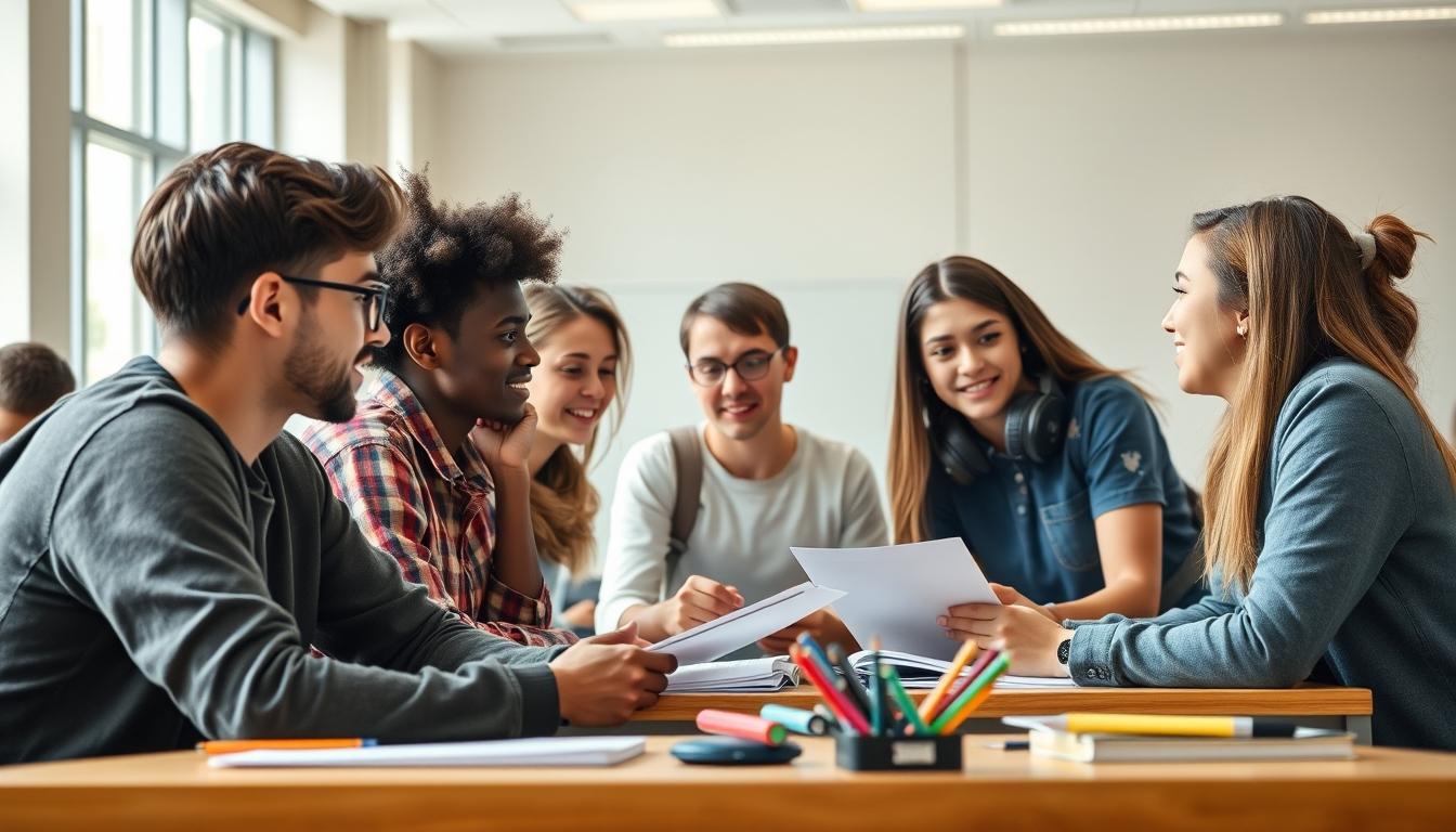 Students studying together in modern classroom